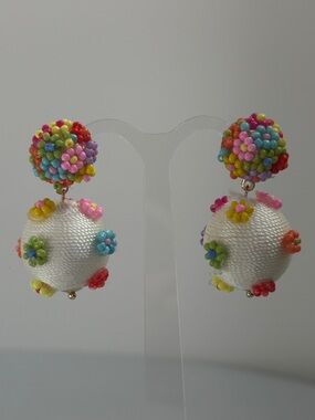 Colorful White Beaded Floral Drop Earrings